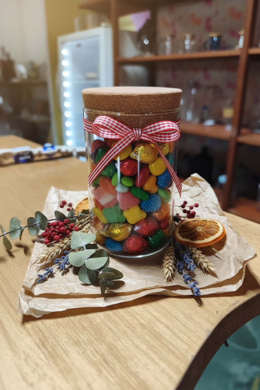 Frasco de vidrio con dulces y chocolates como regalo con lazo
