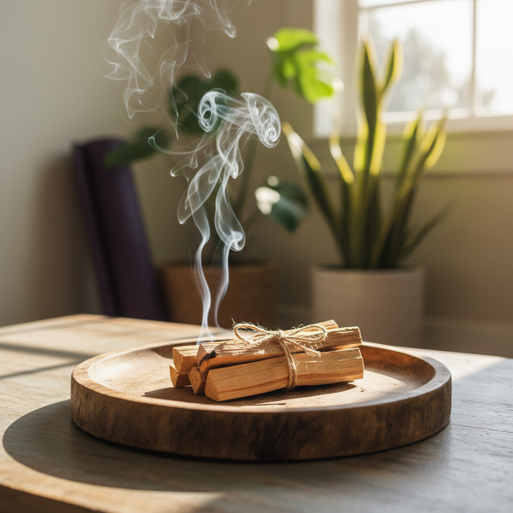 Palo Santo - sala de estar acogedora con yoga y plantas