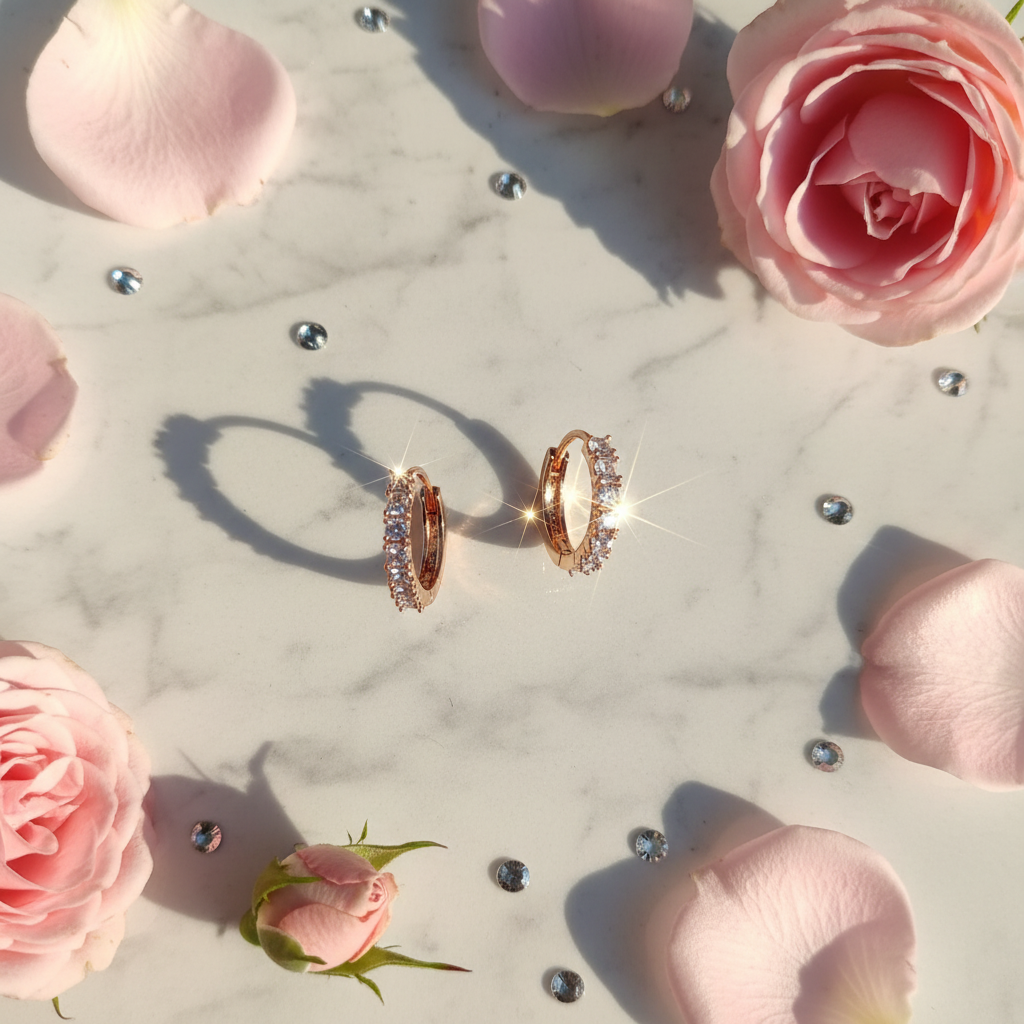 Argollas Brillo Eterno flat lay pétalos