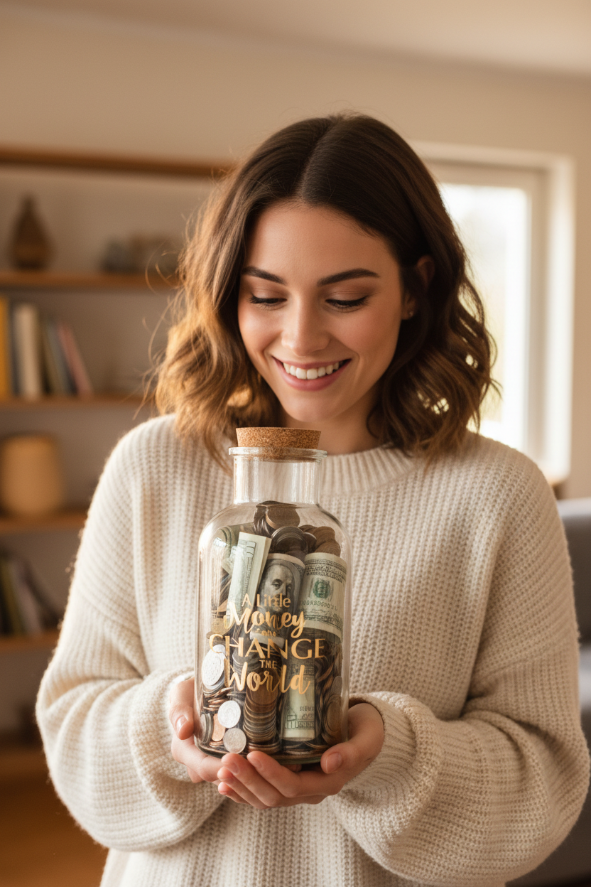 Mujer feliz sosteniendo botella alcancía llena de billetes y monedas
