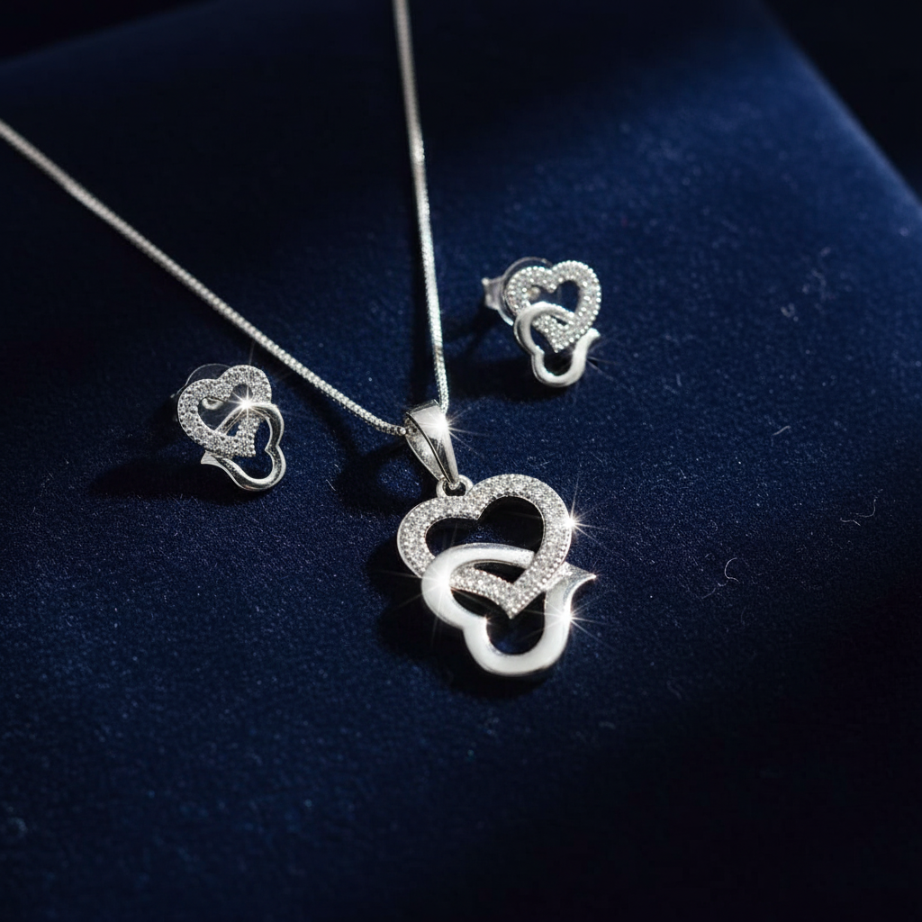 Juego doble corazón terciopelo azul