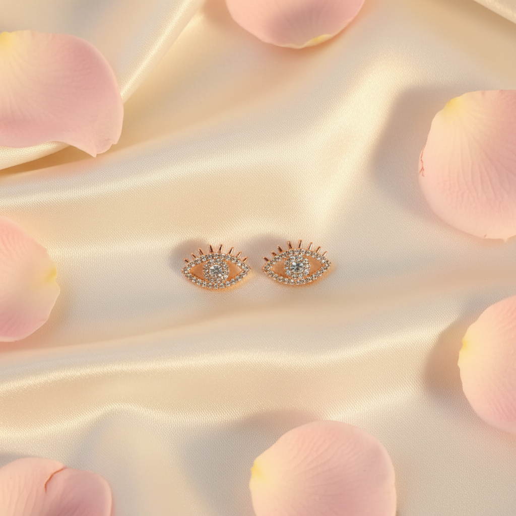 Aretes Ojo de Luz oro rosa flat lay pétalos