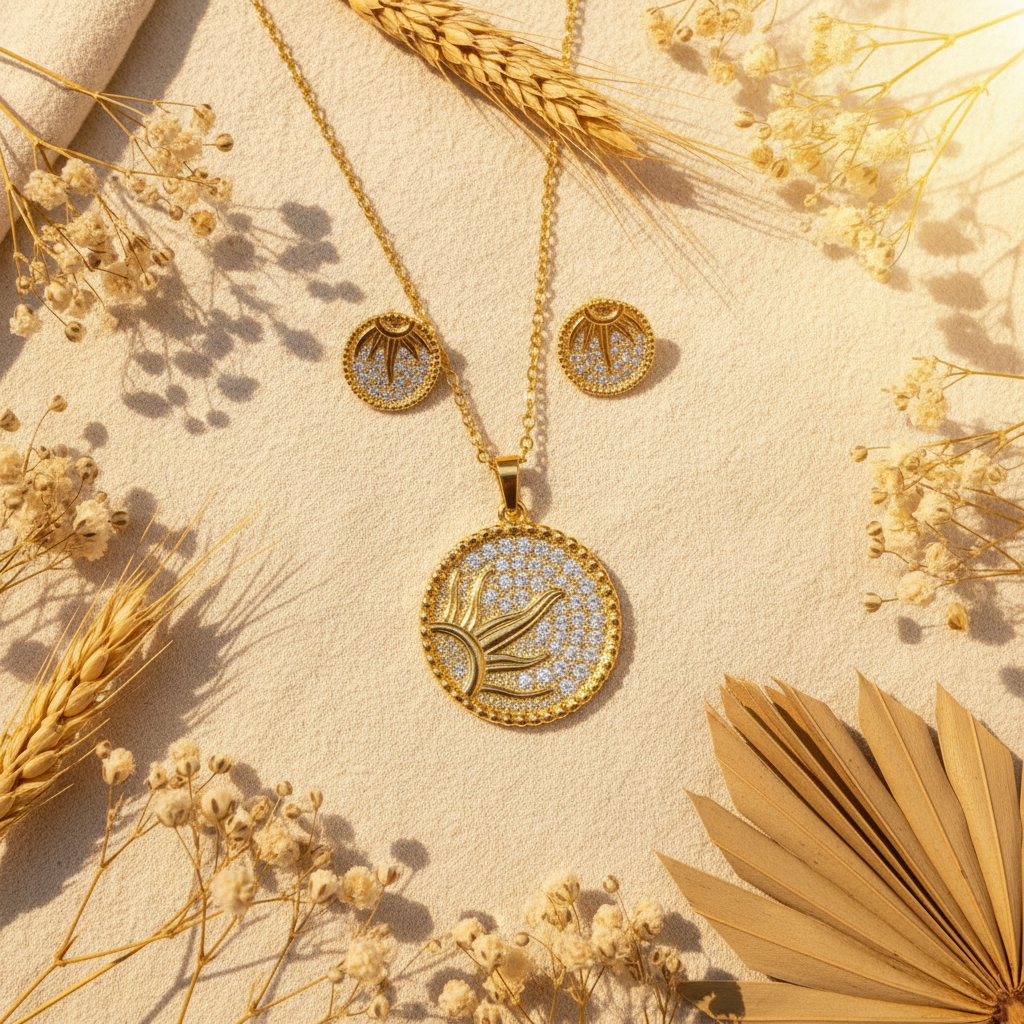 Juego sol dorado flat lay flores