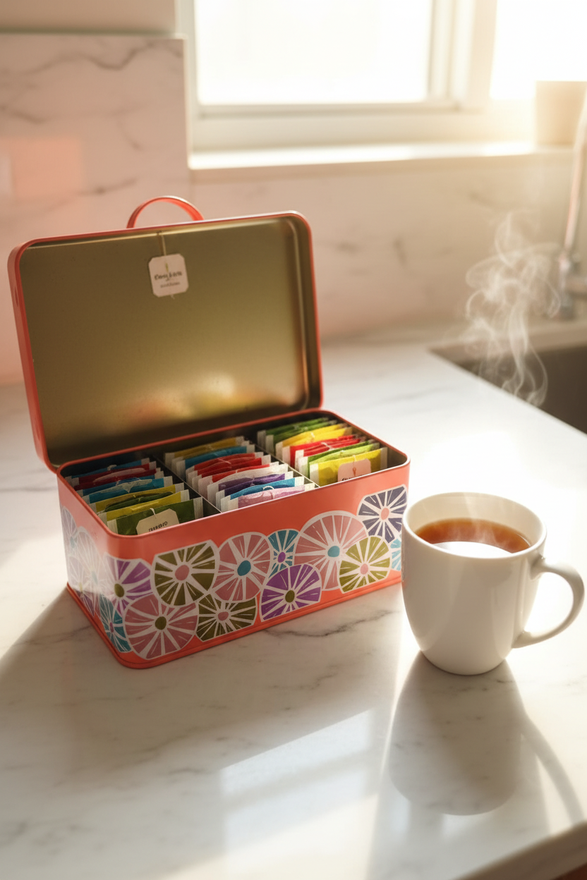 Caja metálica coral con bolsitas de té de colores sobre mármol