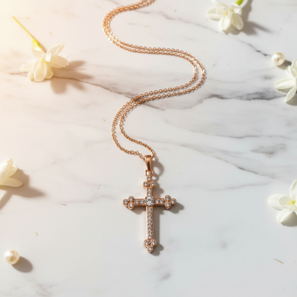 Cruz oro rosa flat lay mármol