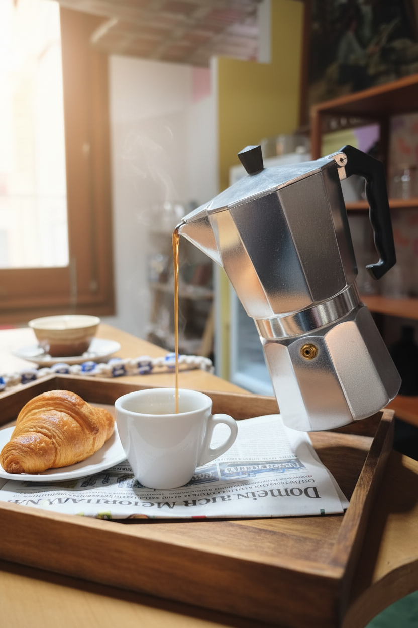 Cafetera Moka sirviendo espresso en taza blanca con croissant y periódico