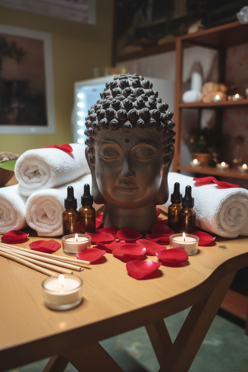 Cabeza de Buda en mesa de spa con toallas y pétalos de rosa