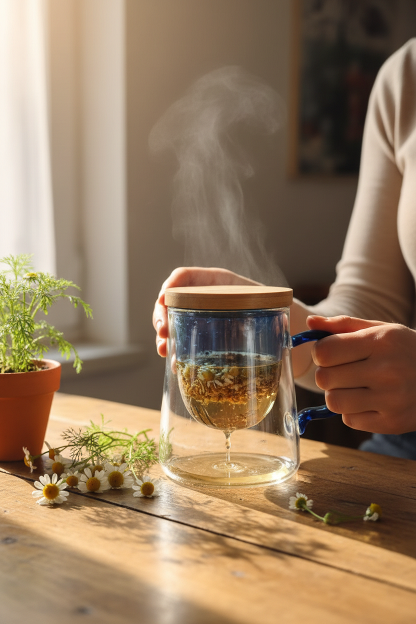 Mujer tomando té de manzanilla con taza infusora de doble cámara