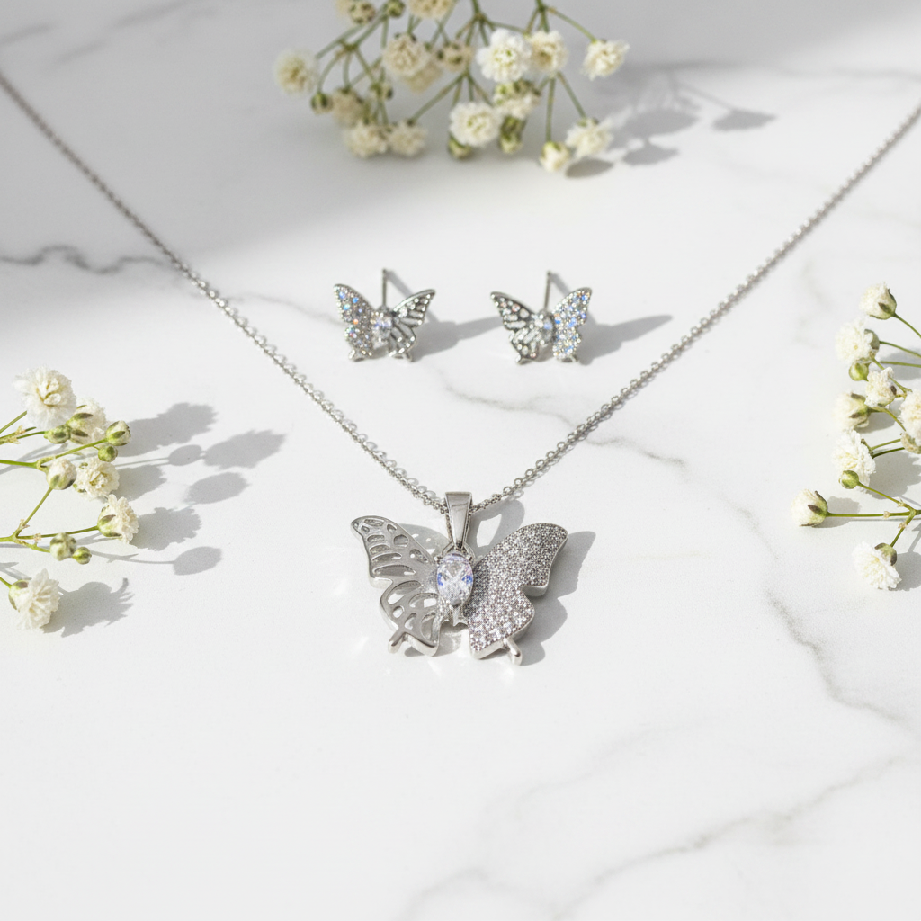 Juego mariposa plata flat lay flores