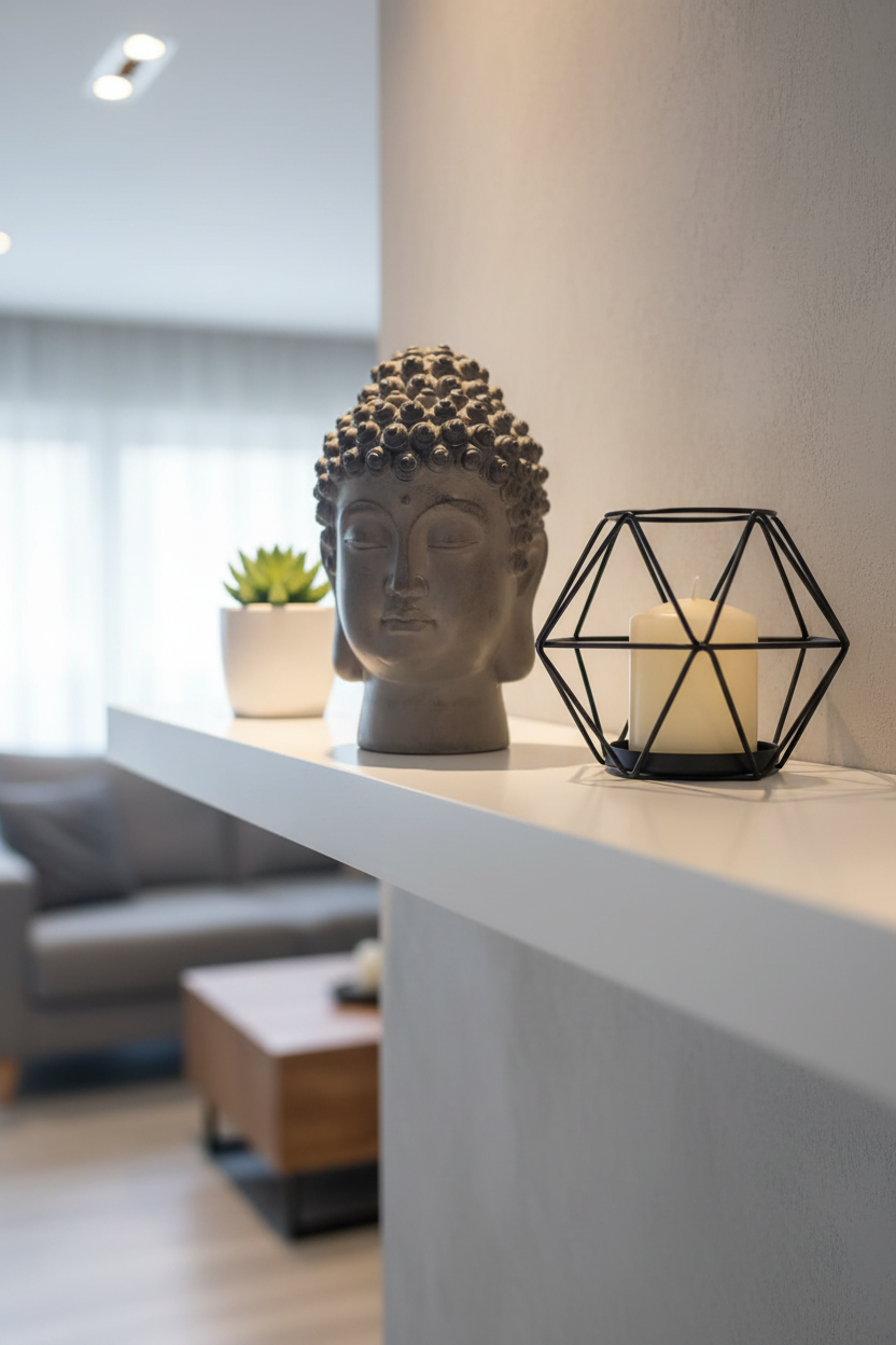 Cabeza de Buda en repisa blanca de sala moderna minimalista