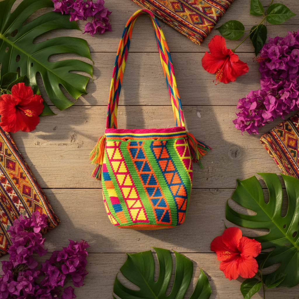 Mochila Wayuu flat lay sobre madera rústica con flores tropicales