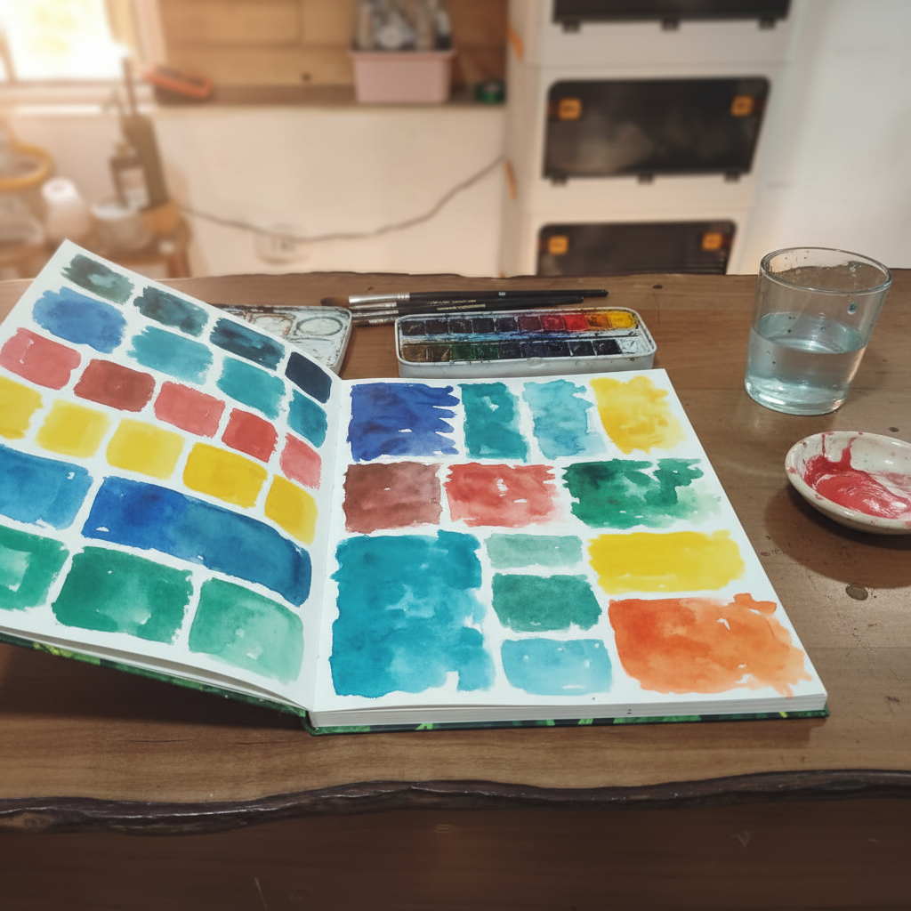 Cuaderno de dibujo en estudio de arte con acuarelas y pinceles