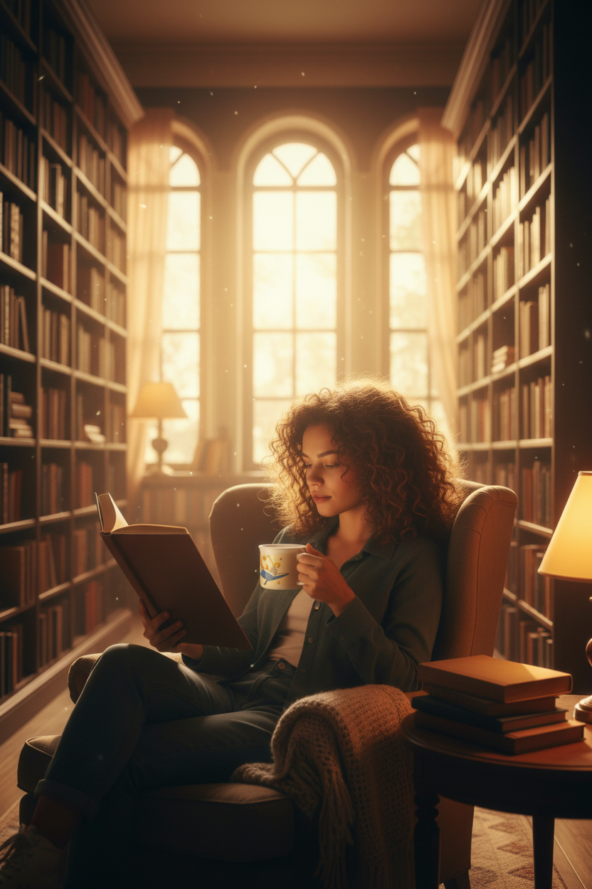 Mujer leyendo en biblioteca dorada sosteniendo taza El Principito