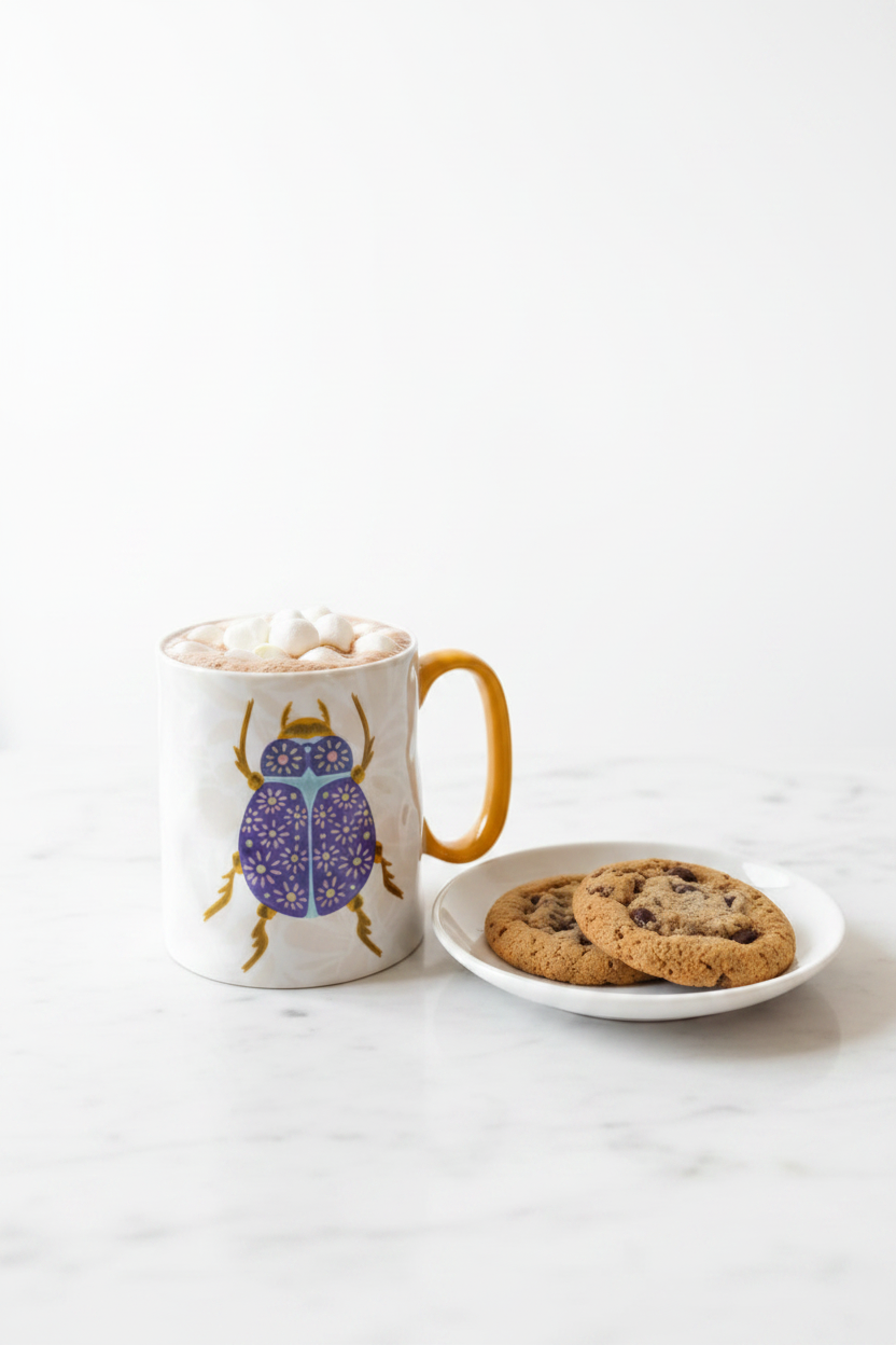 Taza escarabajo con chocolate caliente marshmallows y galletas en platito sobre mármol blanco