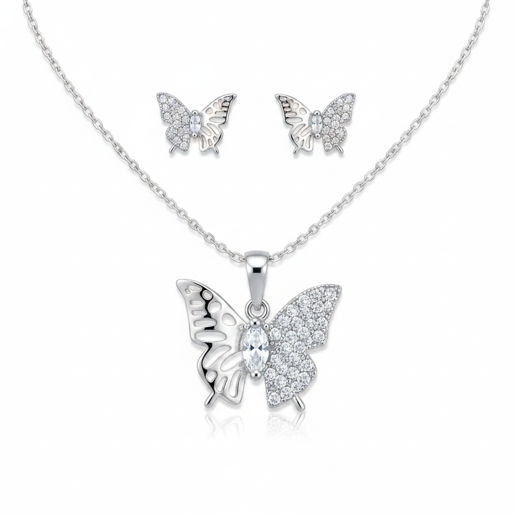 Juego mariposa plata fondo blanco