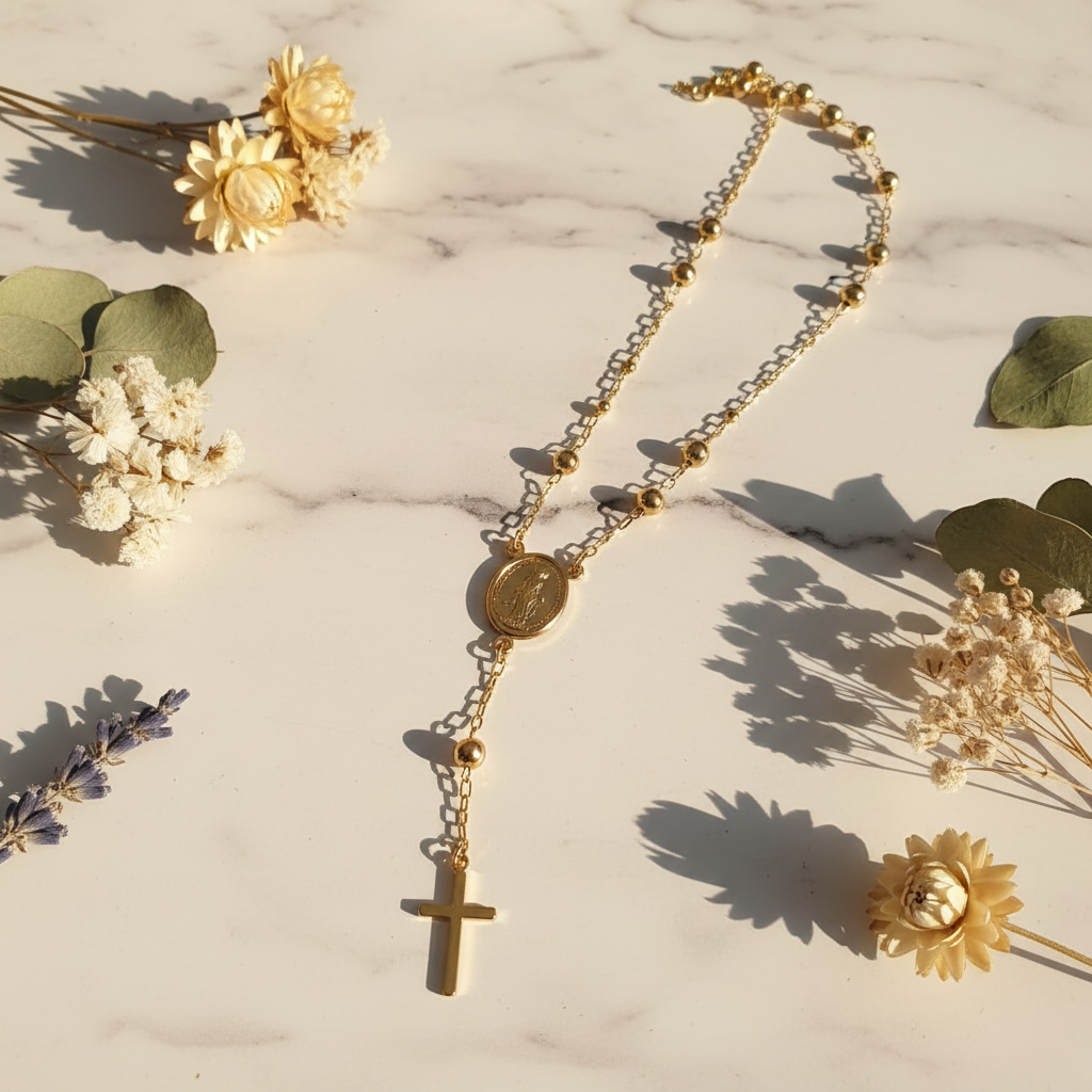 Rosario dorado flat lay mármol