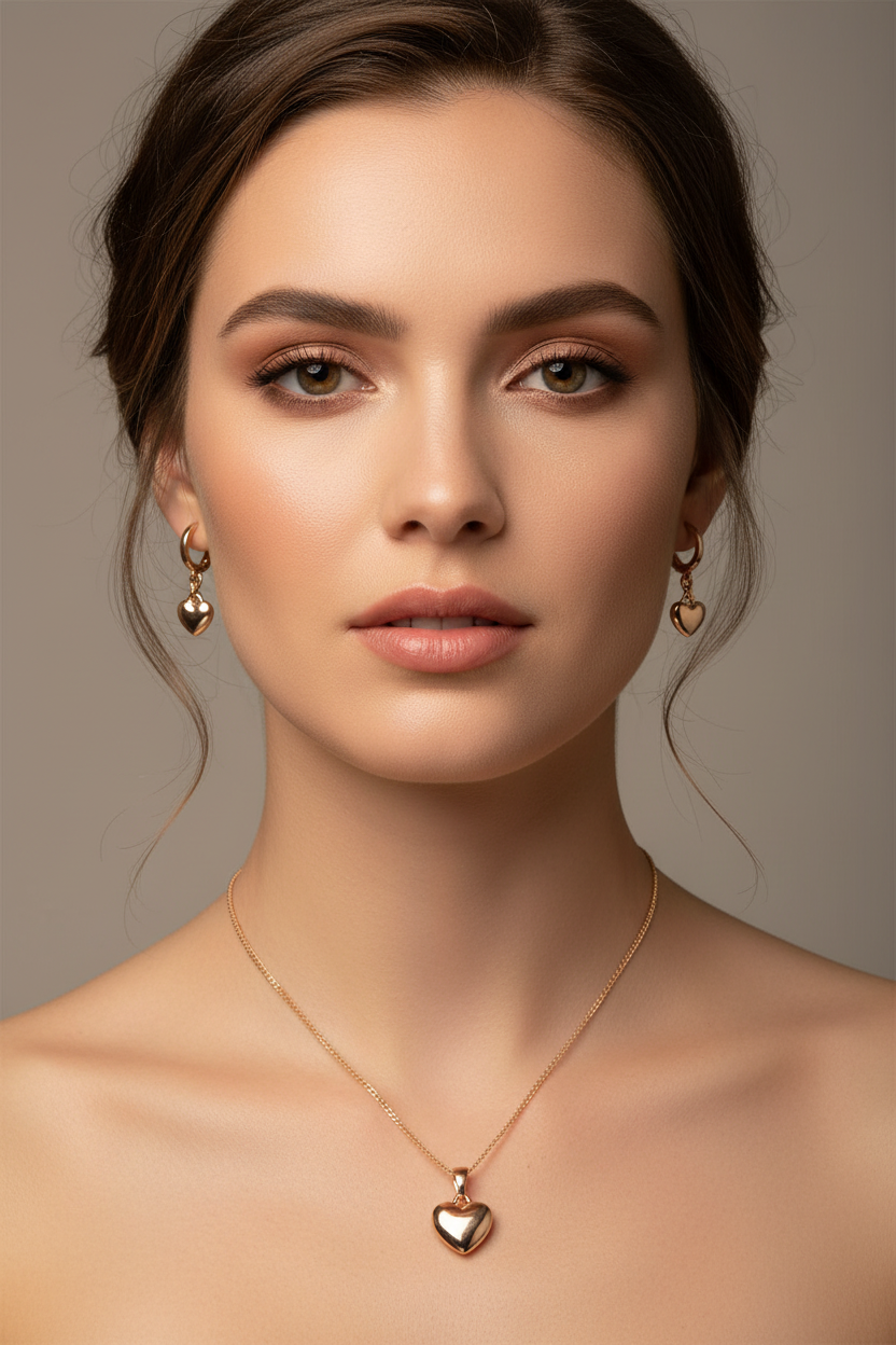 Modelo usando juego corazón oro rosa
