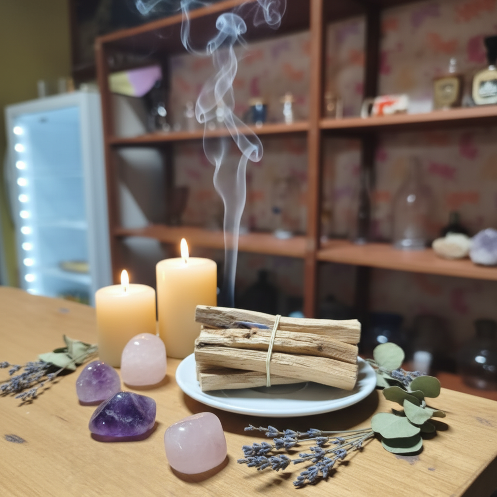Palo Santo - altar de meditación con cristales y velas