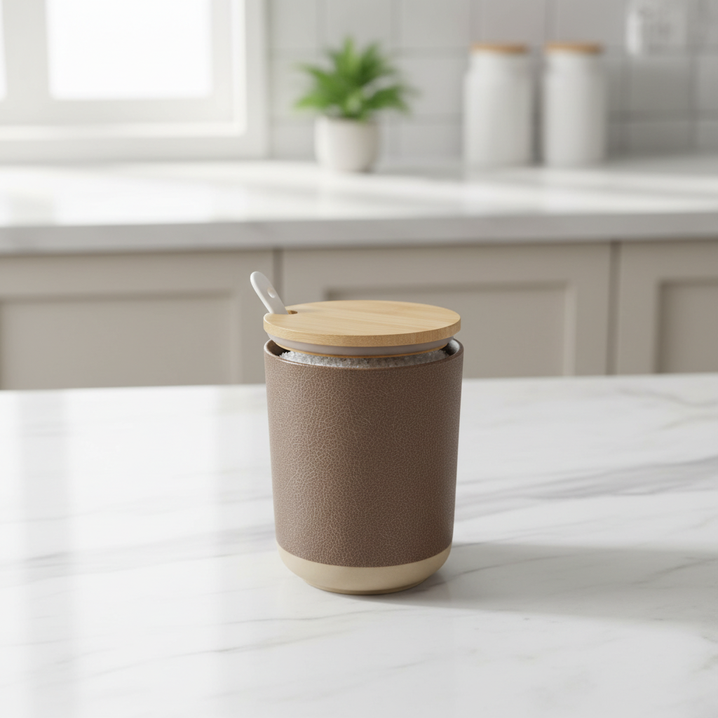 Tarro terracotta con tapa de bambú - estilo minimalista mármol