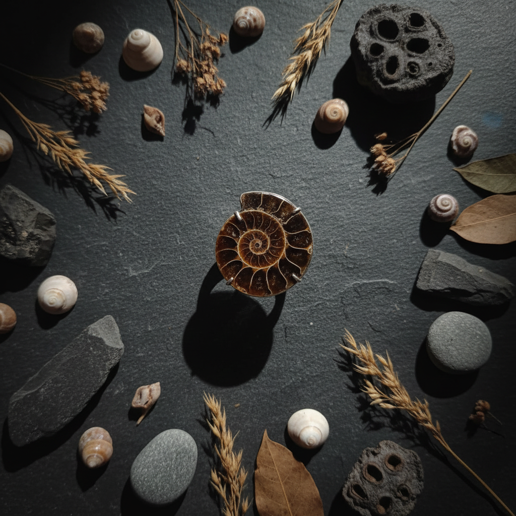 Anillo amonita flat lay pizarra