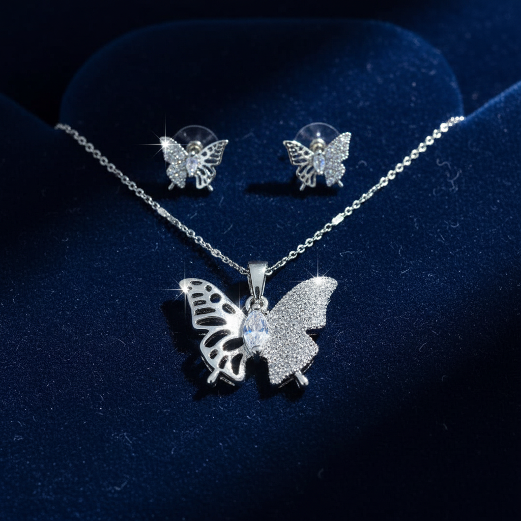Juego mariposa plata terciopelo azul