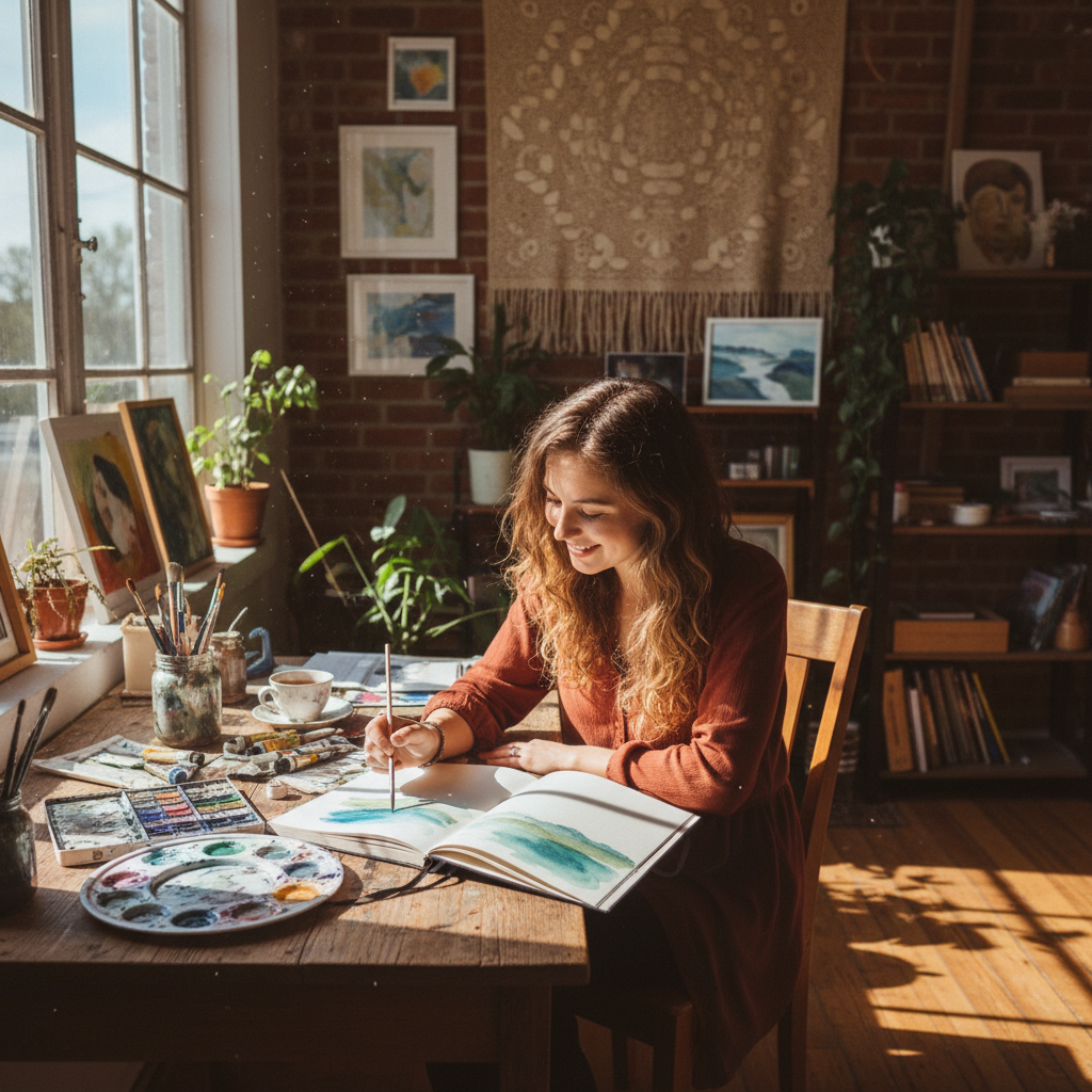 Mujer artista pintando con acuarelas en cuaderno abierto