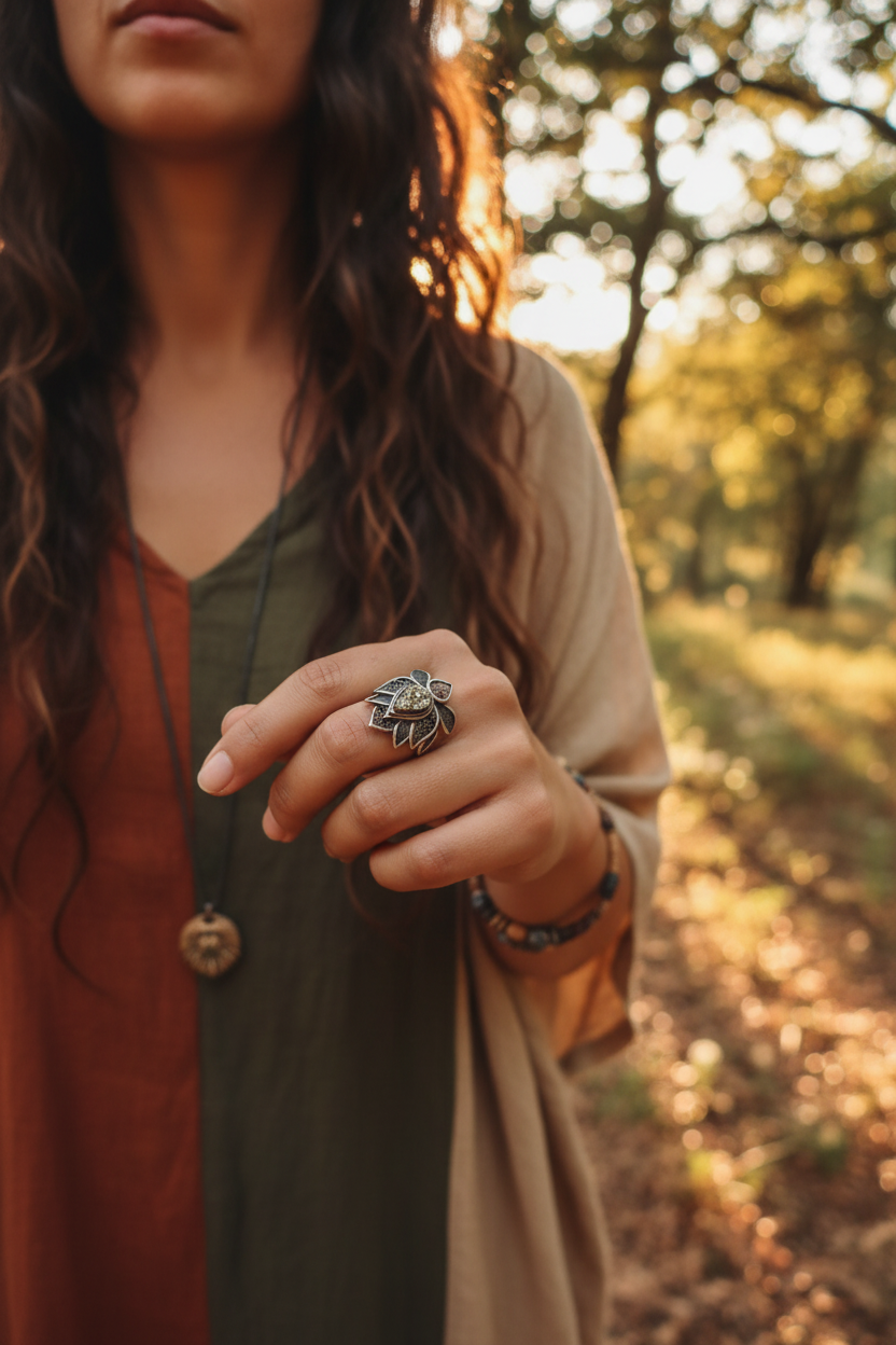 Anillo loto pirita mujer hippie boho