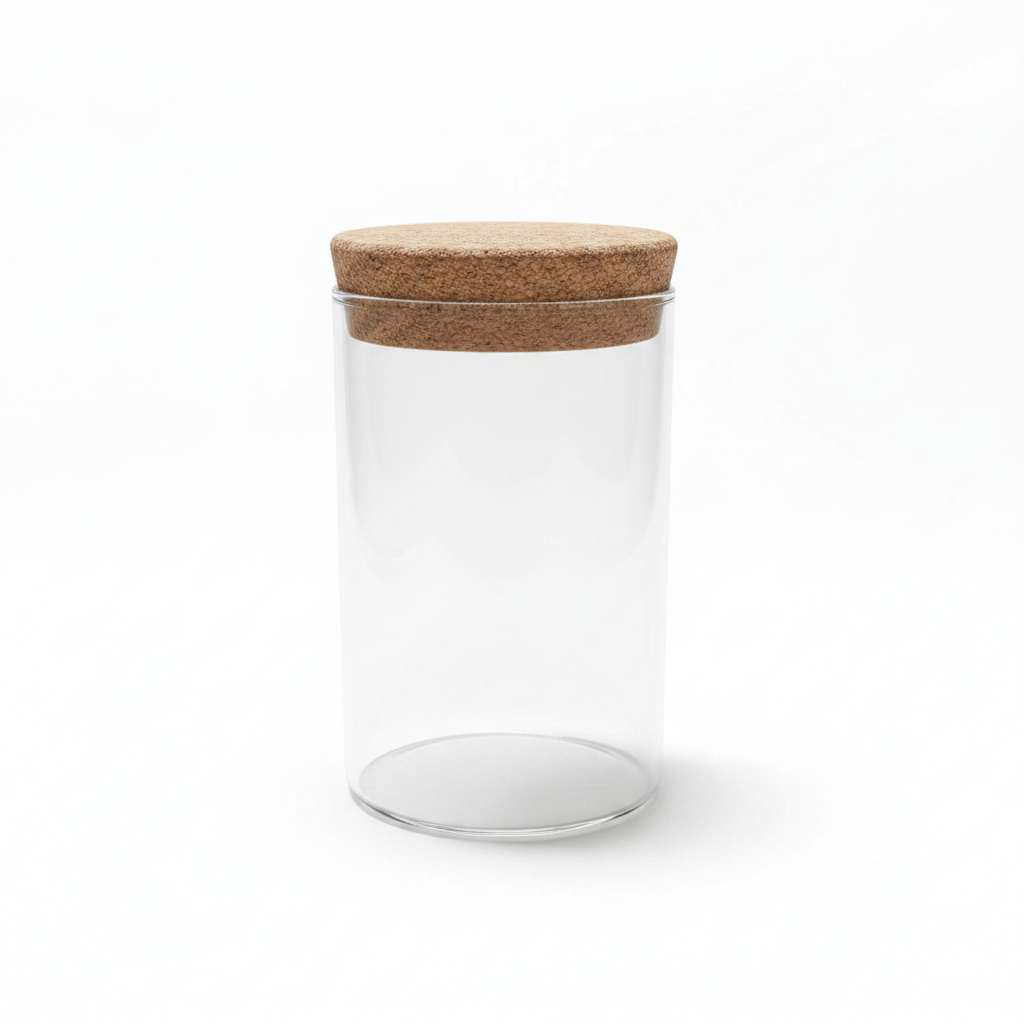 Frasco de vidrio con tapa de corcho vacío sobre fondo blanco