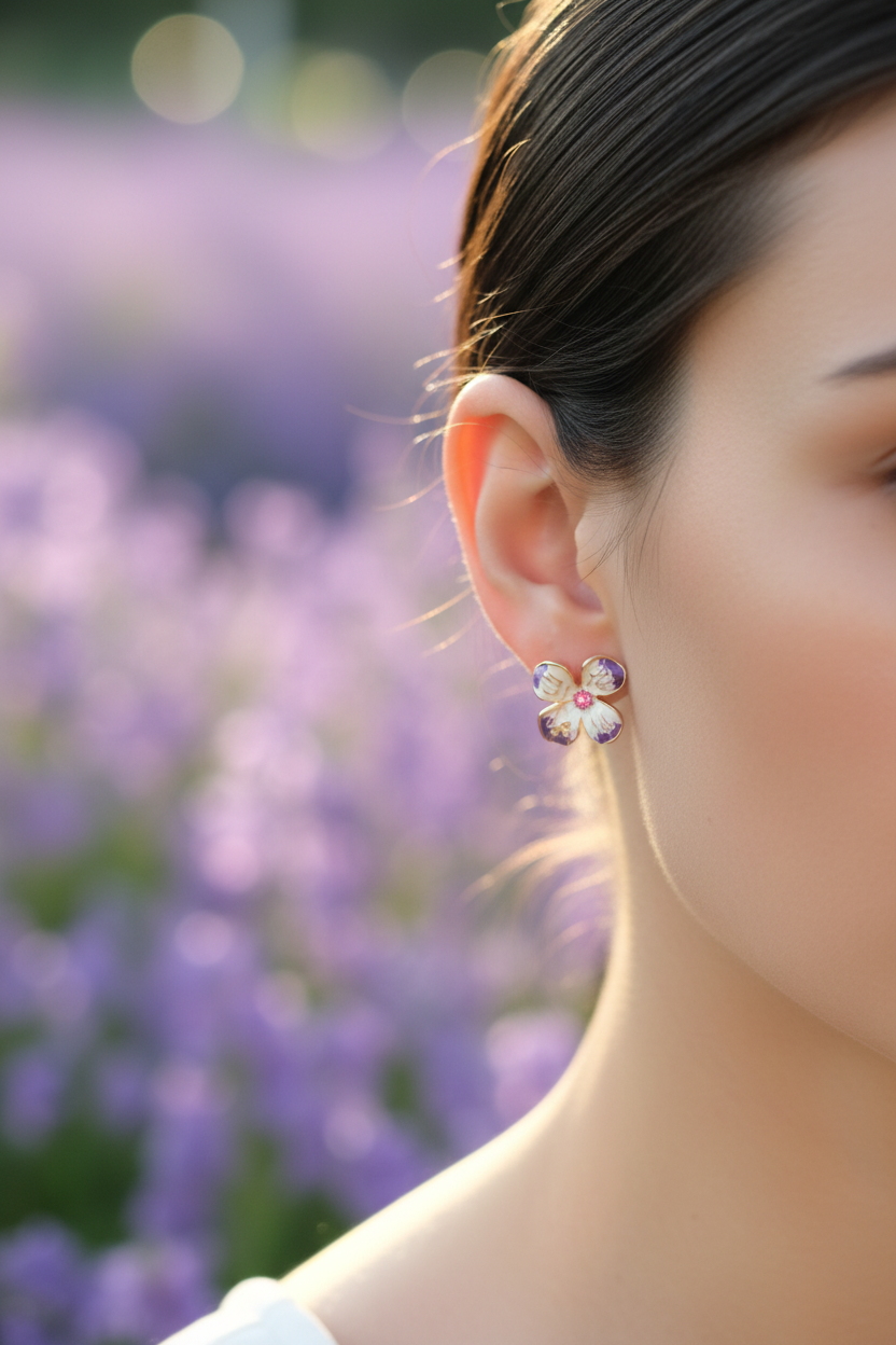 Aretes flor esmalte lifestyle mujer jardín