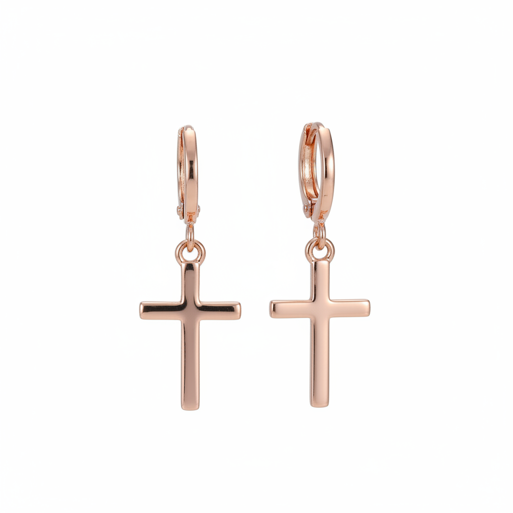 Aretes cruz oro rosa fondo blanco