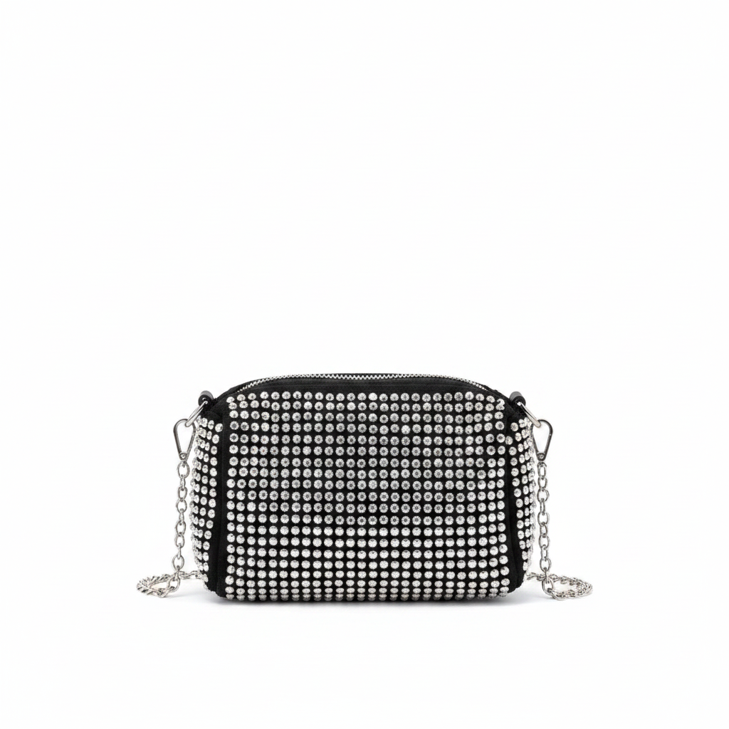 Cartera brillos fondo blanco cadena plateada