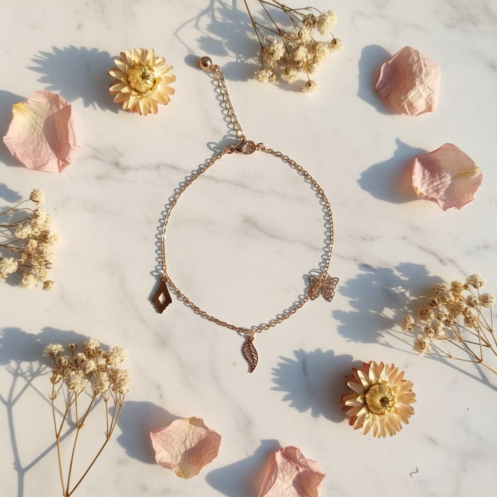 Pulsera dorada flat lay mármol flores