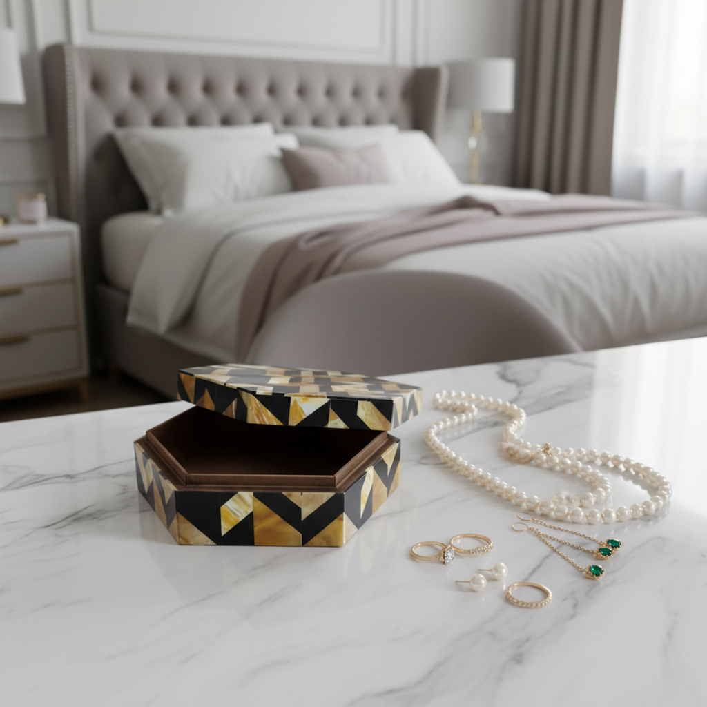Cofre en tocador elegante con joyas