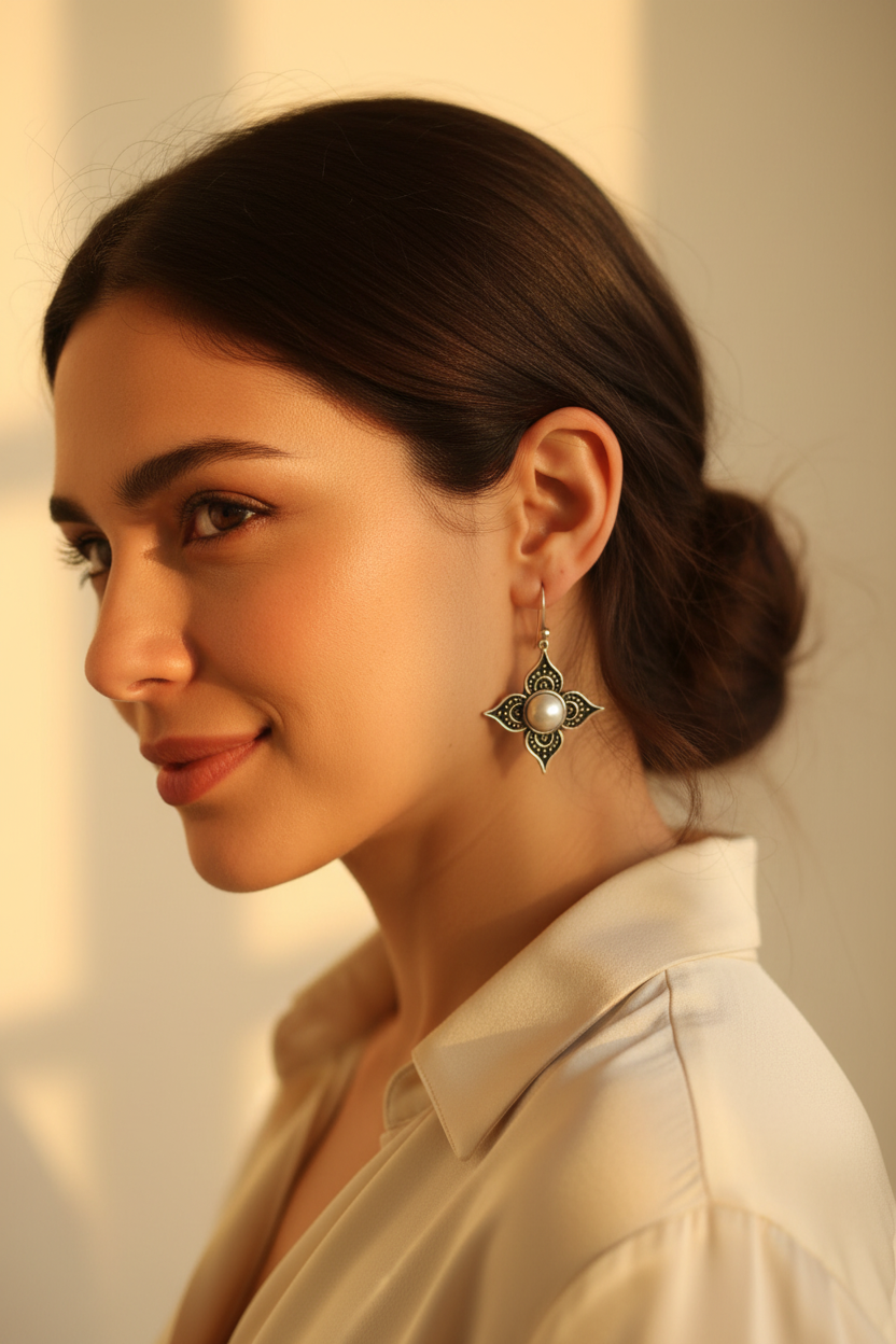 Mujer usando aretes flor con perla del río en plata 950