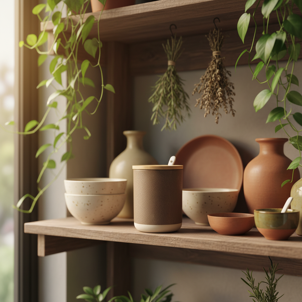 Tarro terracotta con tapa de bambú - estante bohemio con plantas