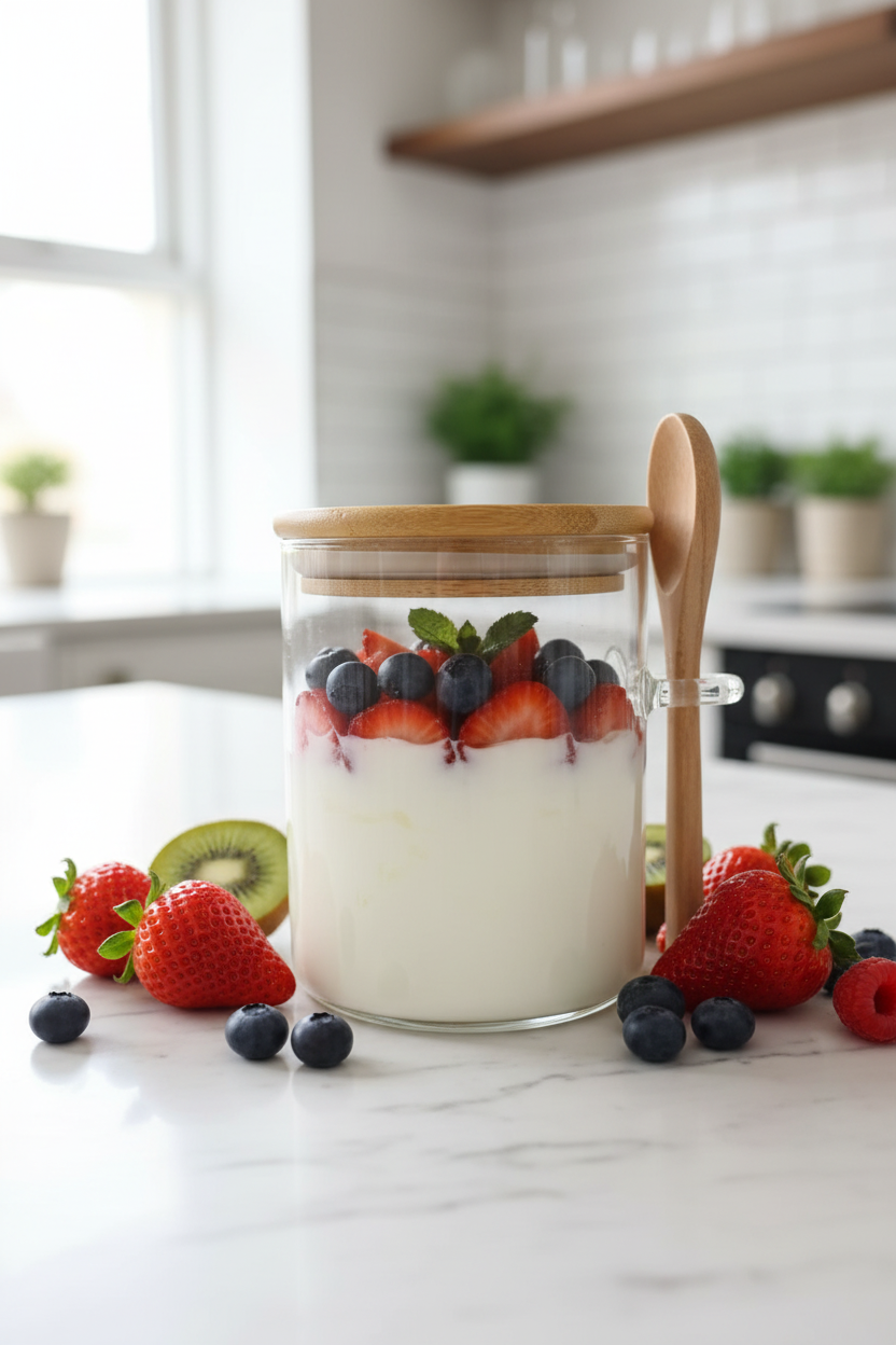 Frasco con yogurt griego y frutas frescas sobre mármol blanco