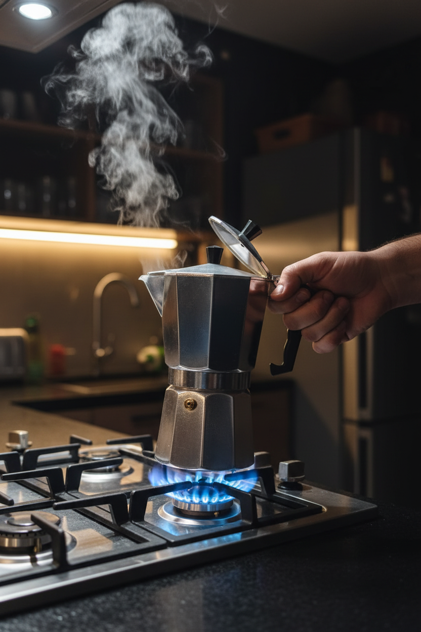 Mano sosteniendo cafetera Moka sobre hornilla con llamas azules y vapor
