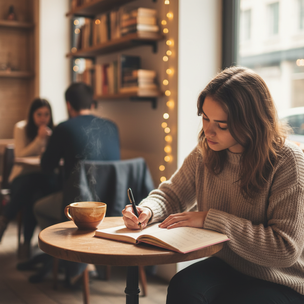 Mujer tomando notas en café con cuaderno de tapa flexible
