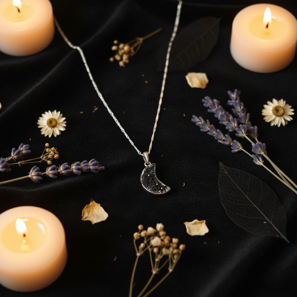 Collar luna flat lay terciopelo oscuro