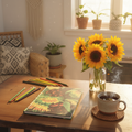 Cuaderno girasoles en mesa rústica con flores y té