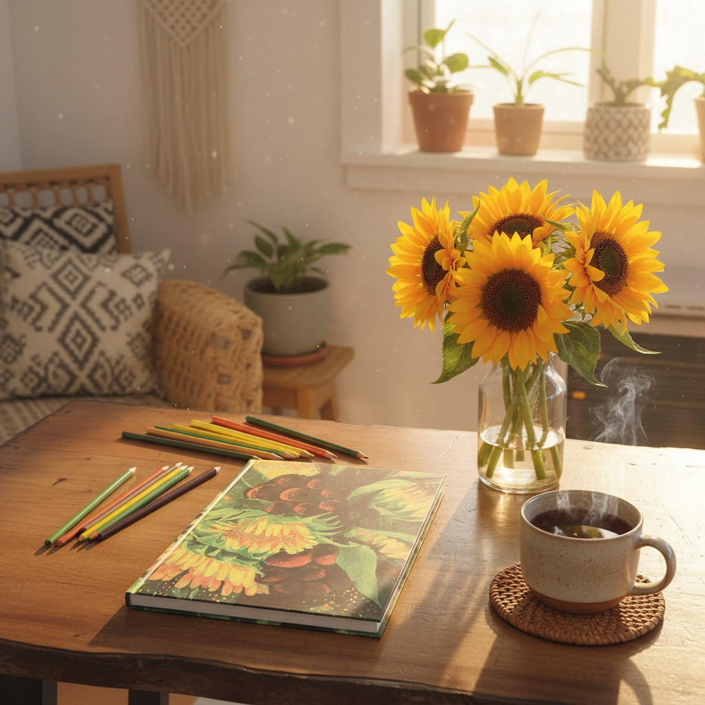 Cuaderno girasoles en mesa rústica con flores y té