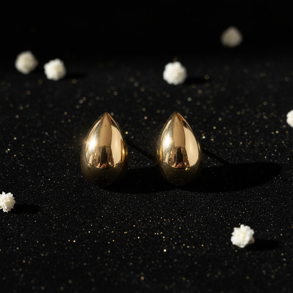 Aretes gota dorada flat lay terciopelo negro