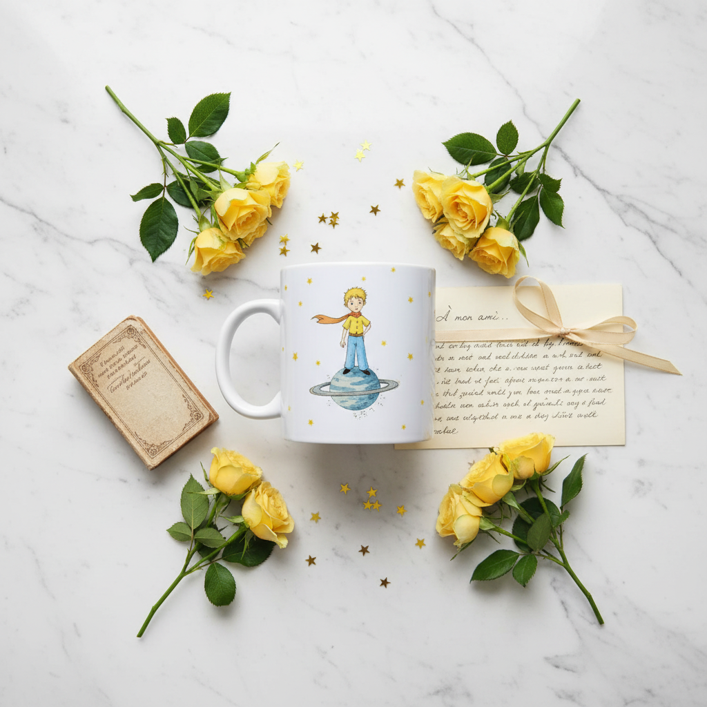 Flat lay taza El Principito con rosas amarillas confeti dorado y carta sobre mármol