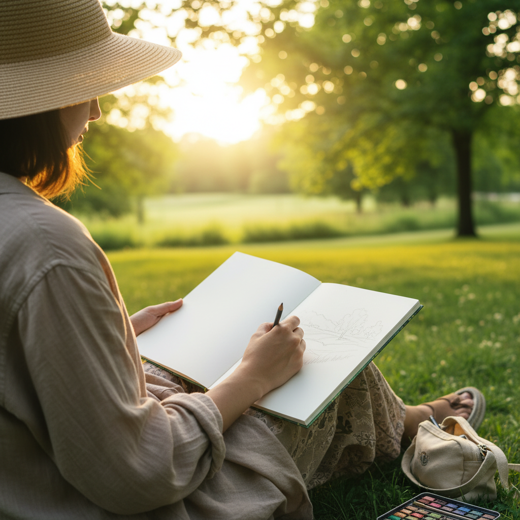 Cuaderno de dibujo al aire libre en parque