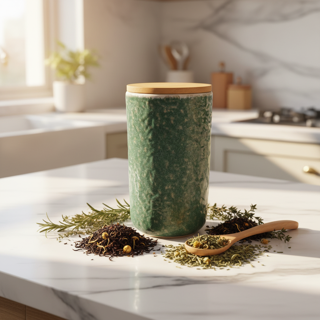 Tarro de cerámica verde con té en encimera de mármol blanco