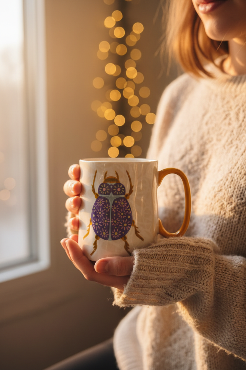 Mujer sosteniendo taza escarabajo sagrado con suéter acogedor