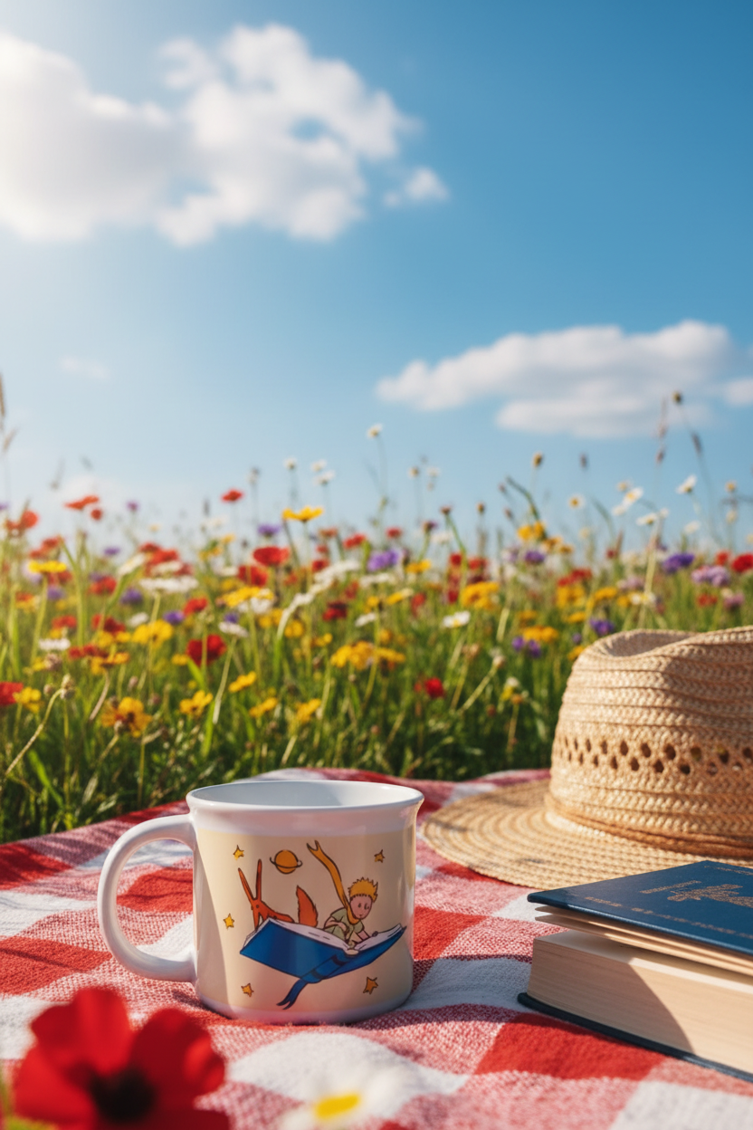 Taza El Principito en picnic entre flores silvestres bajo cielo azul
