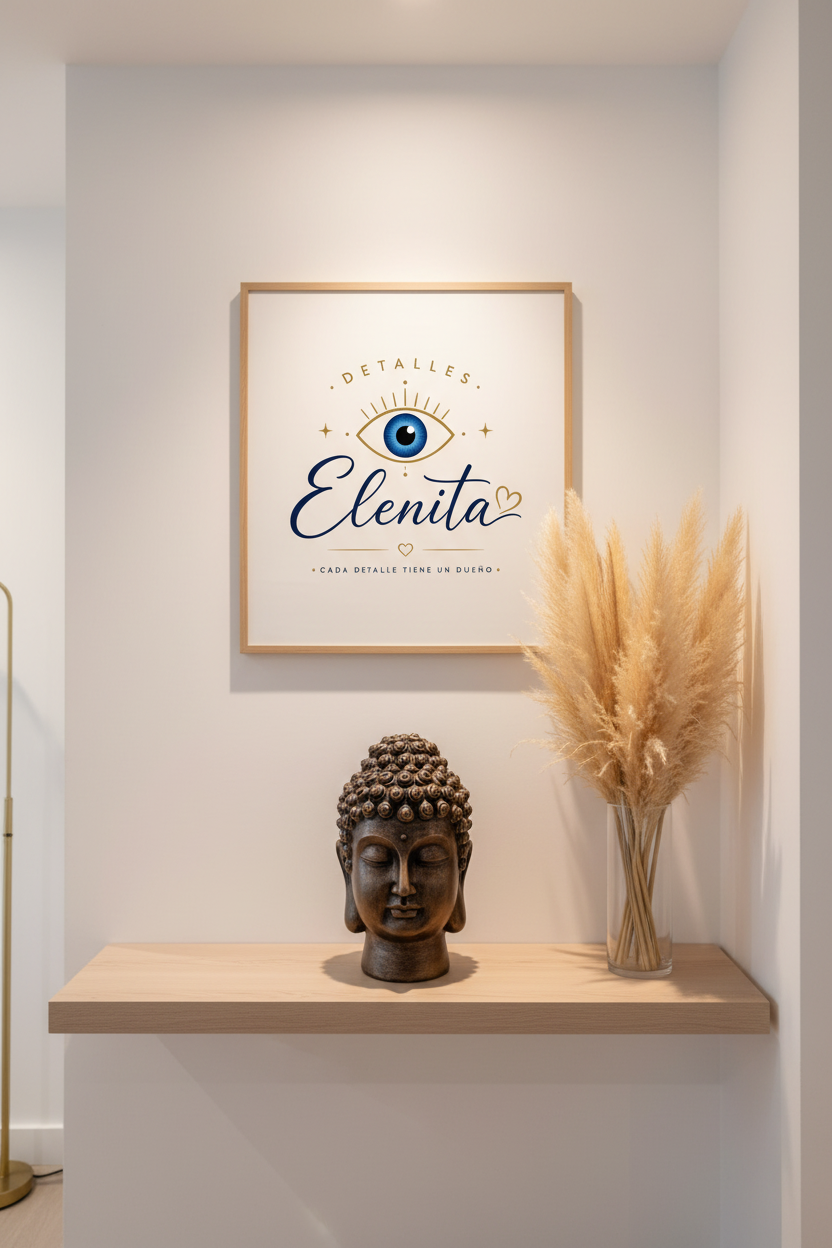 Cabeza de Buda en apartamento con cuadro del logo Detalles Elenita en la pared