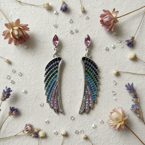 Aretes alas ángel colores suaves flat lay