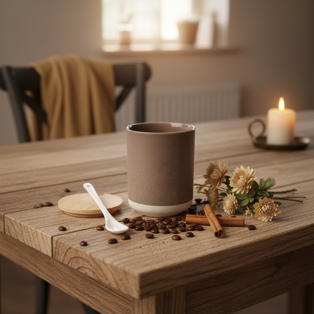 Tarro terracotta con tapa de bambú - mesa rústica con café y especias